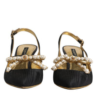 Dolce & Gabbana Black Leather Faux Pearls Slingbacks Shoes