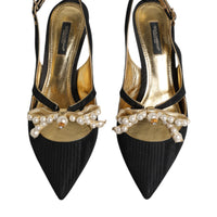 Dolce & Gabbana Black Leather Faux Pearls Slingbacks Shoes