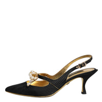 Dolce & Gabbana Black Leather Faux Pearls Slingbacks Shoes