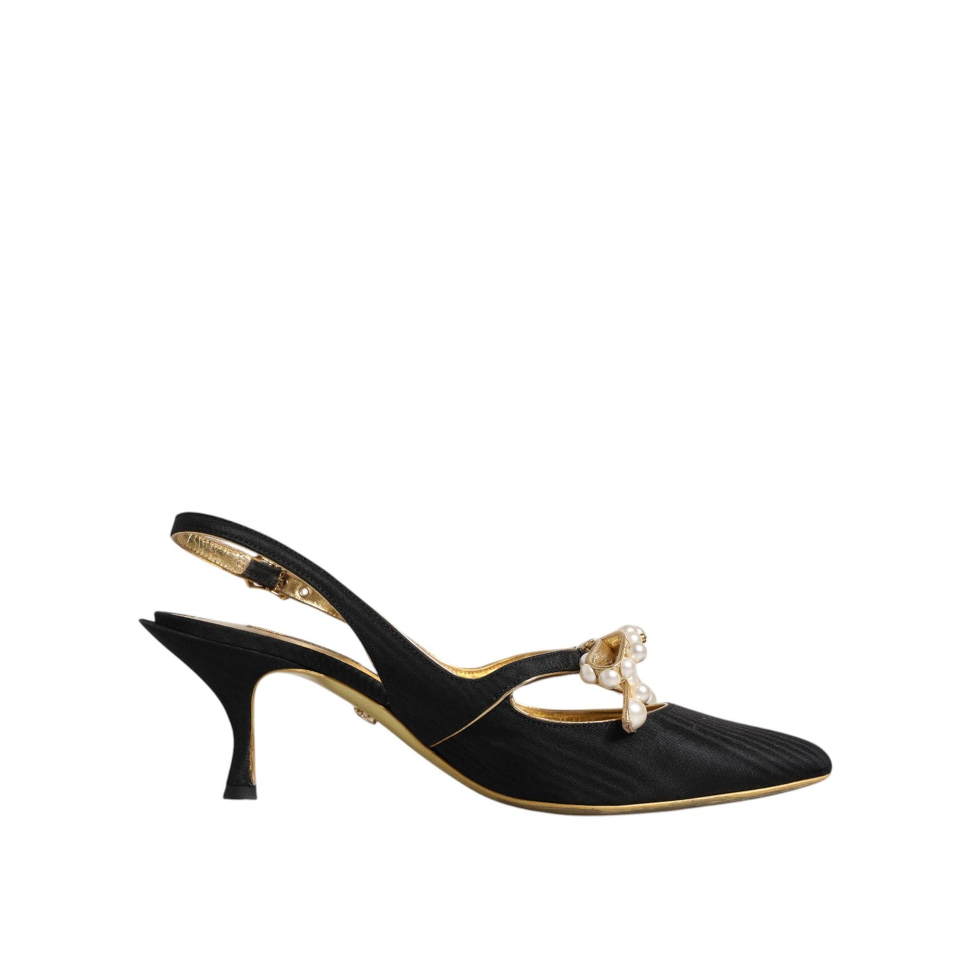 Dolce &amp; Gabbana Black Leather Faux Pearls Slingbacks Shoes