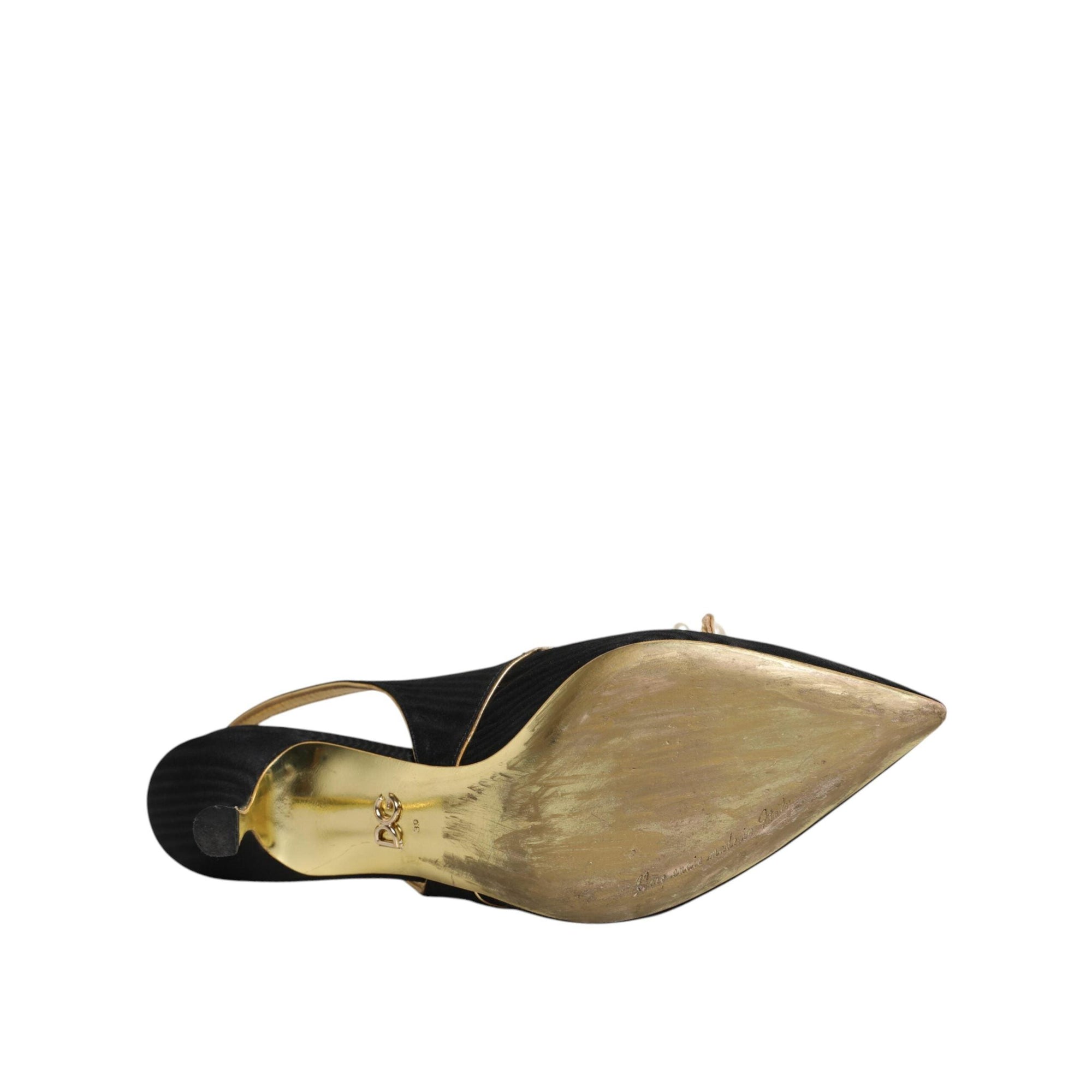 Dolce &amp; Gabbana Black Leather Faux Pearls Slingbacks Shoes