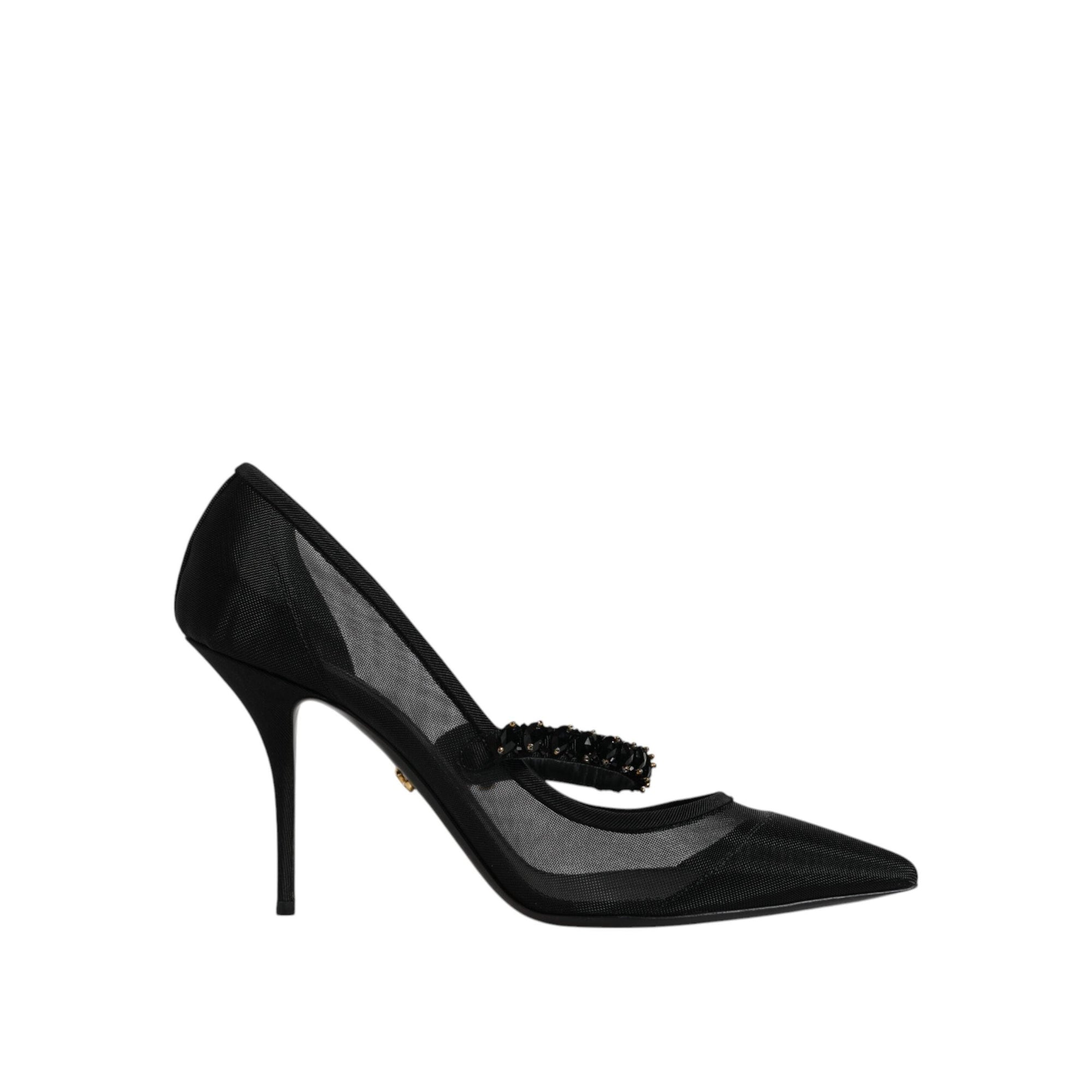 Dolce &amp; Gabbana Black Mesh Mary Jane Crystal Heel Pump Shoes