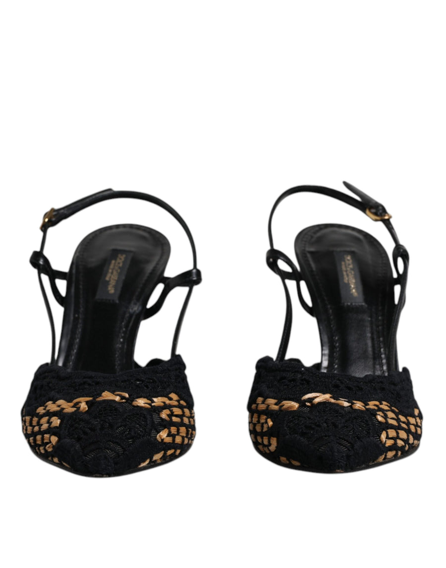 Dolce & Gabbana Black Brown Lace High Heels Slingback Shoes