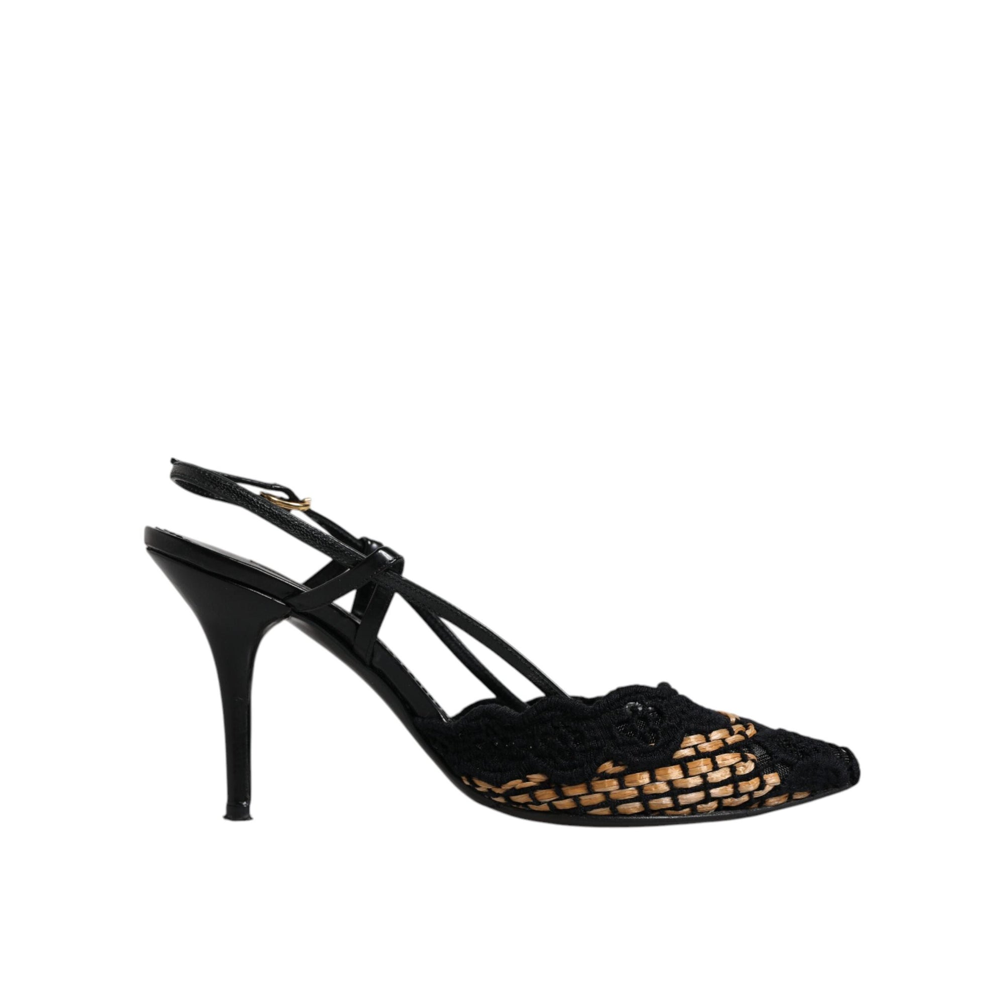 Dolce &amp; Gabbana Black Brown Lace High Heels Slingback Shoes