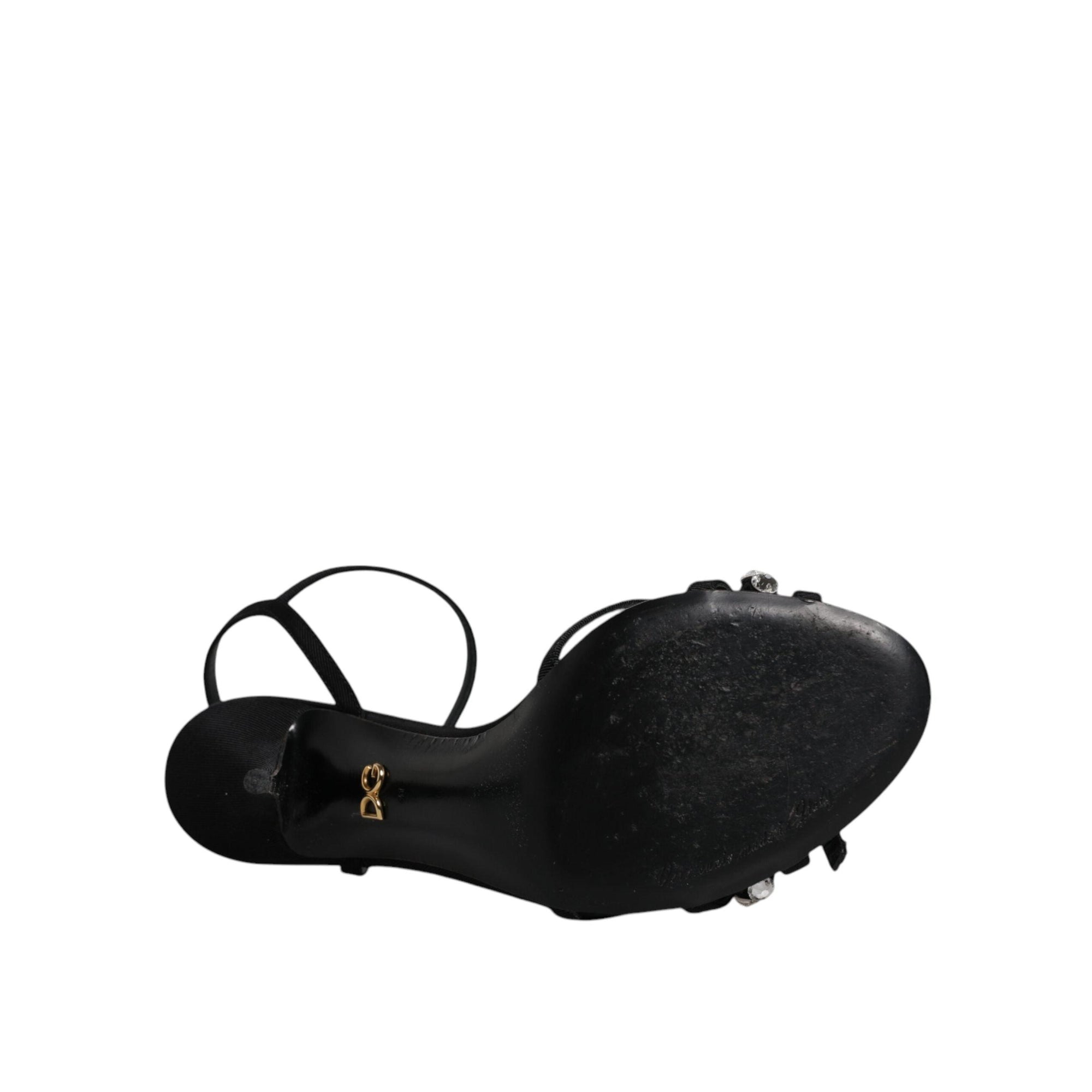 Dolce &amp; Gabbana Black Leather Crystal Heels Sandals Shoes
