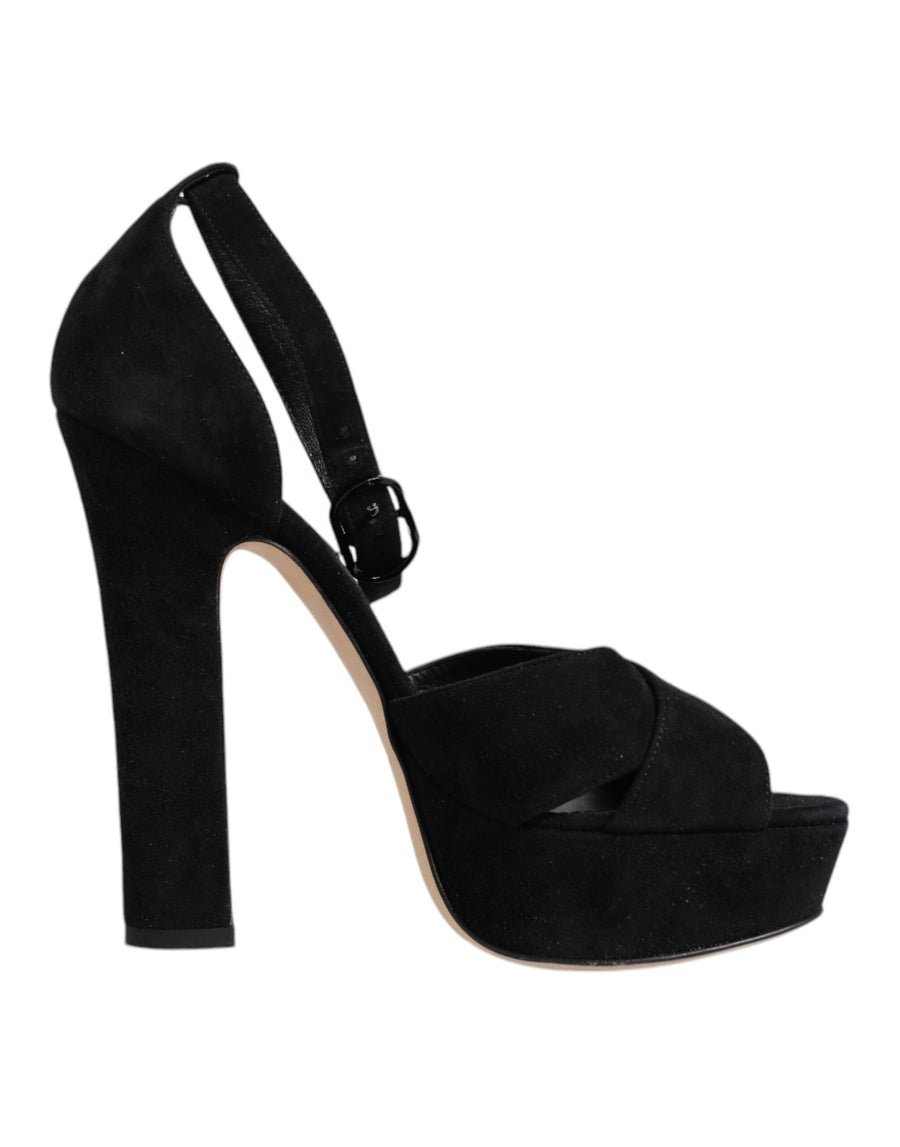 Dolce & Gabbana Black Leather Platform Heels Sandals Shoes