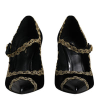 Dolce & Gabbana Black Velvet Gold Mary Janes Pumps Shoes