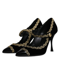 Dolce & Gabbana Black Velvet Gold Mary Janes Pumps Shoes