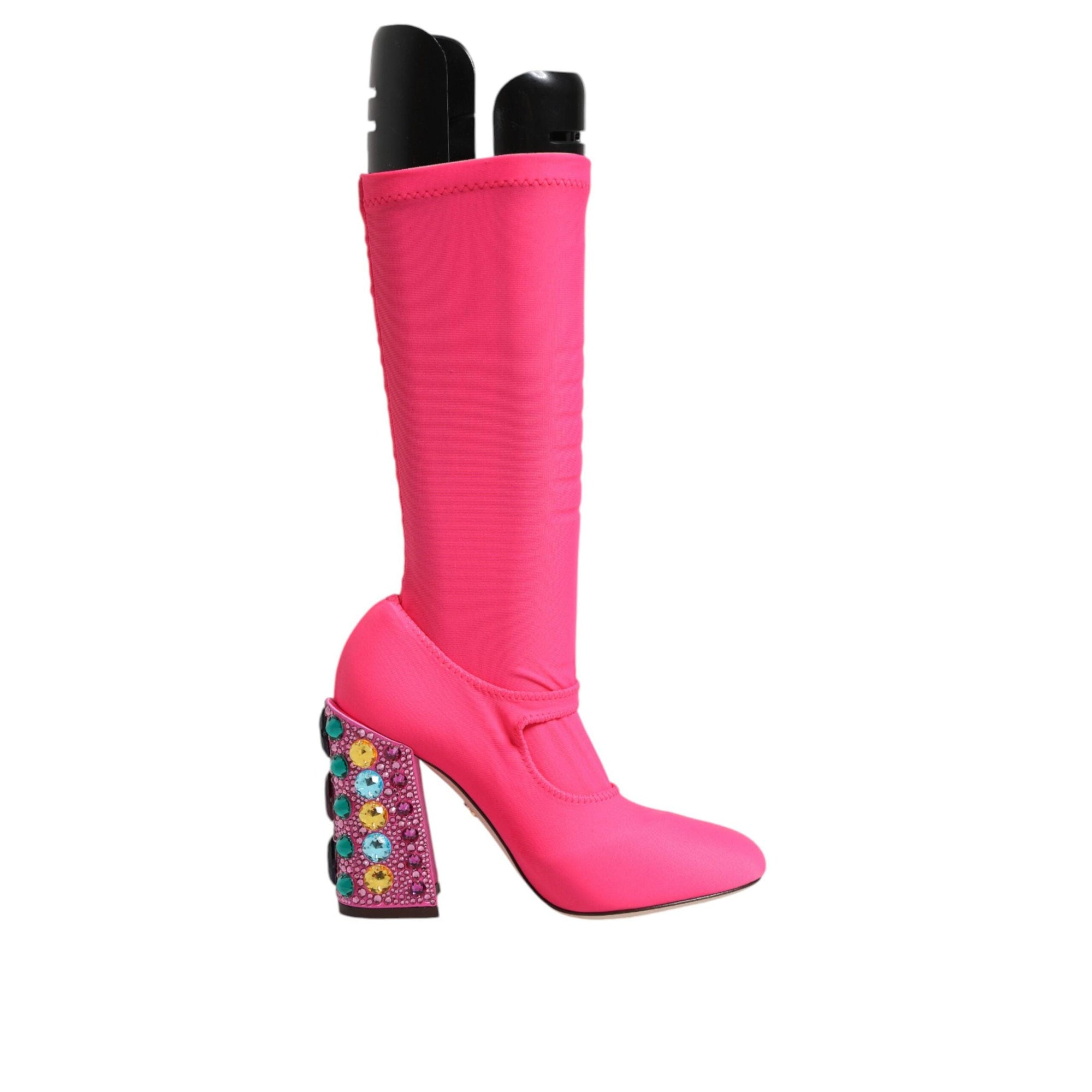 Dolce &amp; Gabbana Pink Nylon Crystal Vally High Boots Shoes