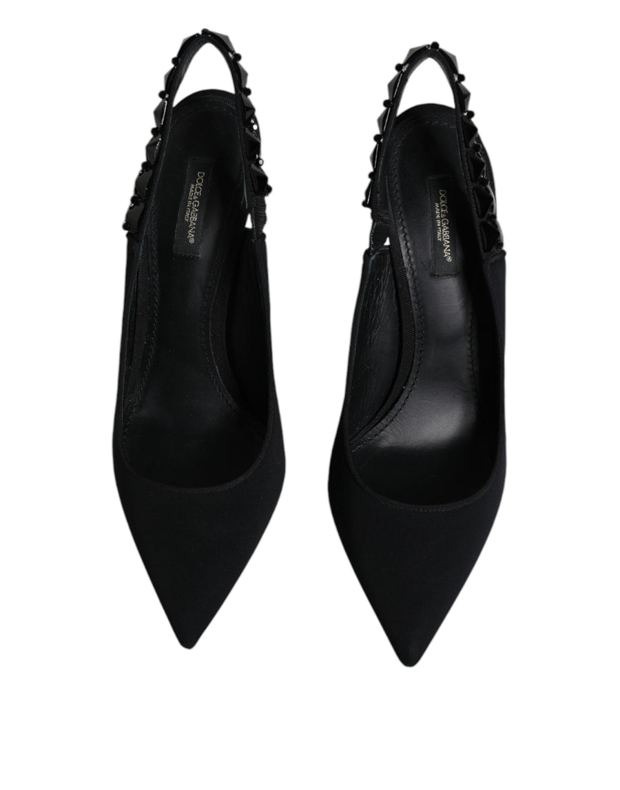 Dolce & Gabbana Black Embellished Charmeuse Slingback Shoes