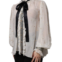 Dolce & Gabbana Off White Silk Blend Ascot Collar Blouse Top