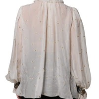 Dolce & Gabbana Off White Silk Blend Ascot Collar Blouse Top