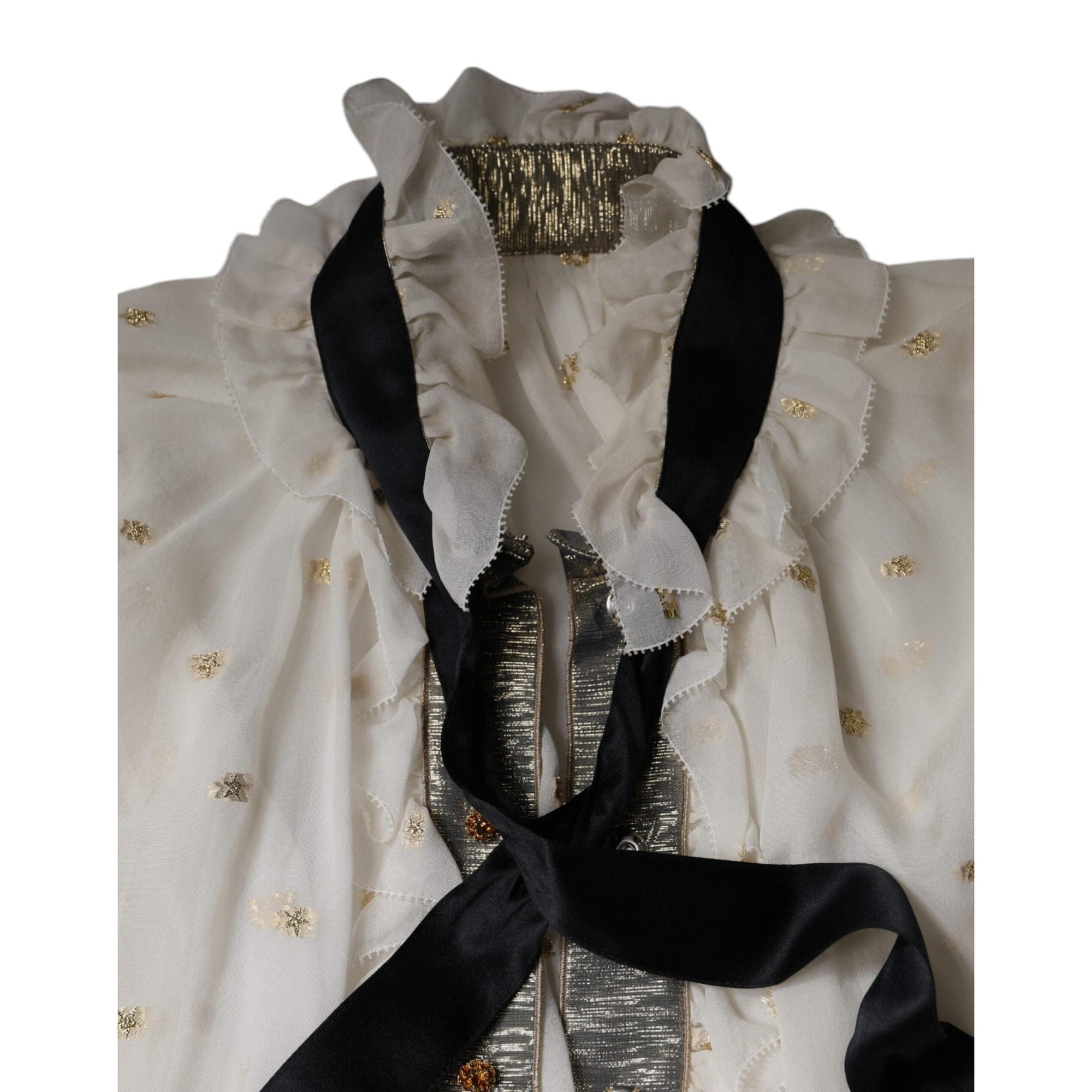 Dolce &amp; Gabbana Off White Silk Blend Ascot Collar Blouse Top