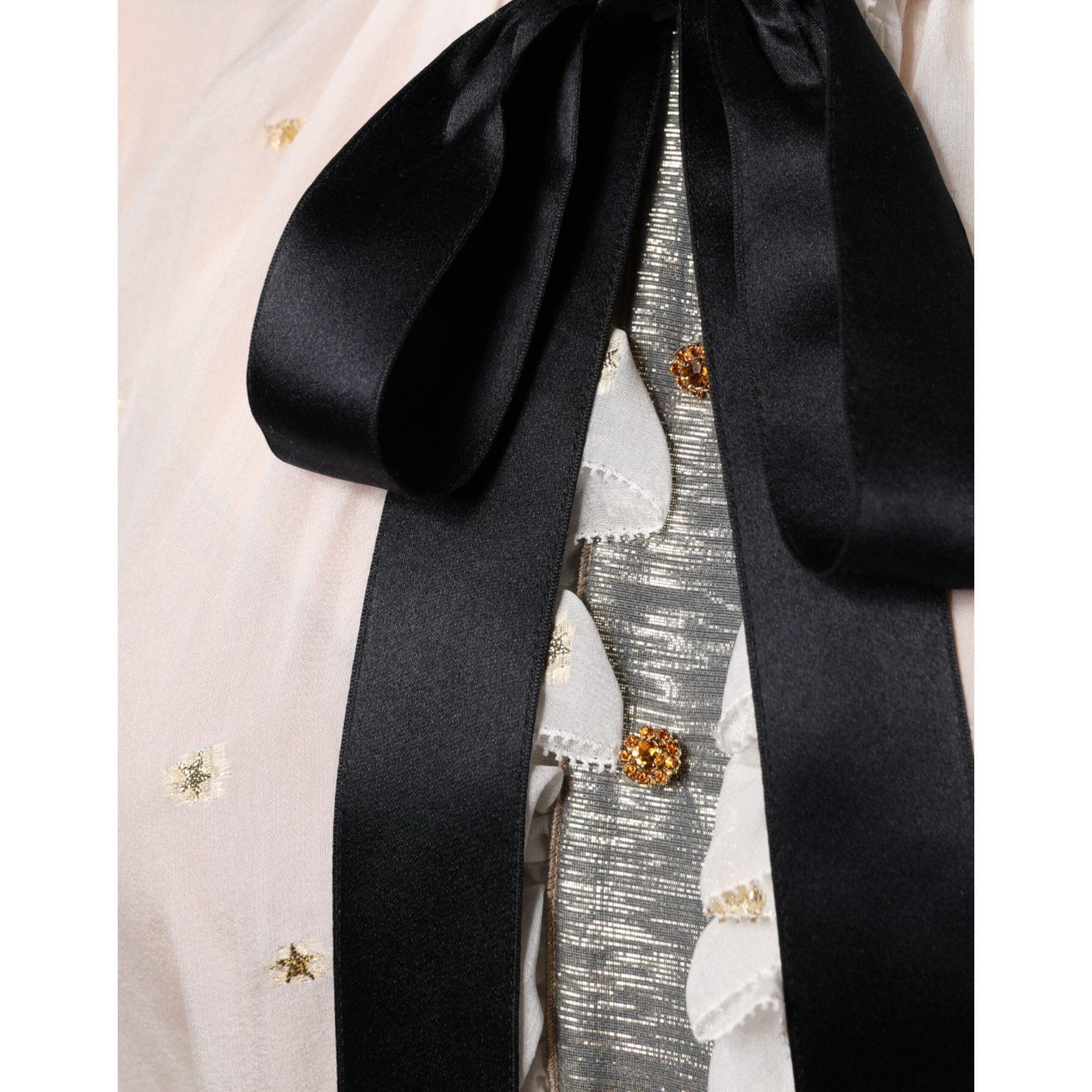 Dolce &amp; Gabbana Off White Silk Blend Ascot Collar Blouse Top