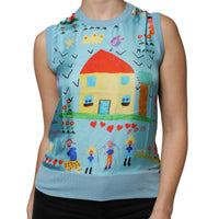 Dolce & Gabbana Blue Drawing Cashmere Sleeveless Tank Top