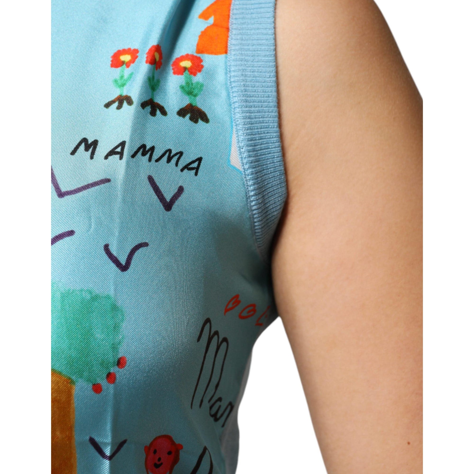 Dolce &amp; Gabbana Blue Drawing Cashmere Sleeveless Tank Top