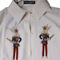 Dolce & Gabbana White Rabbit Patch Silk Collared Blouse Top