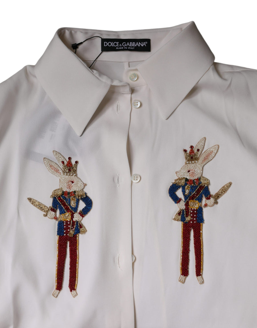 Dolce & Gabbana White Rabbit Patch Silk Collared Blouse Top