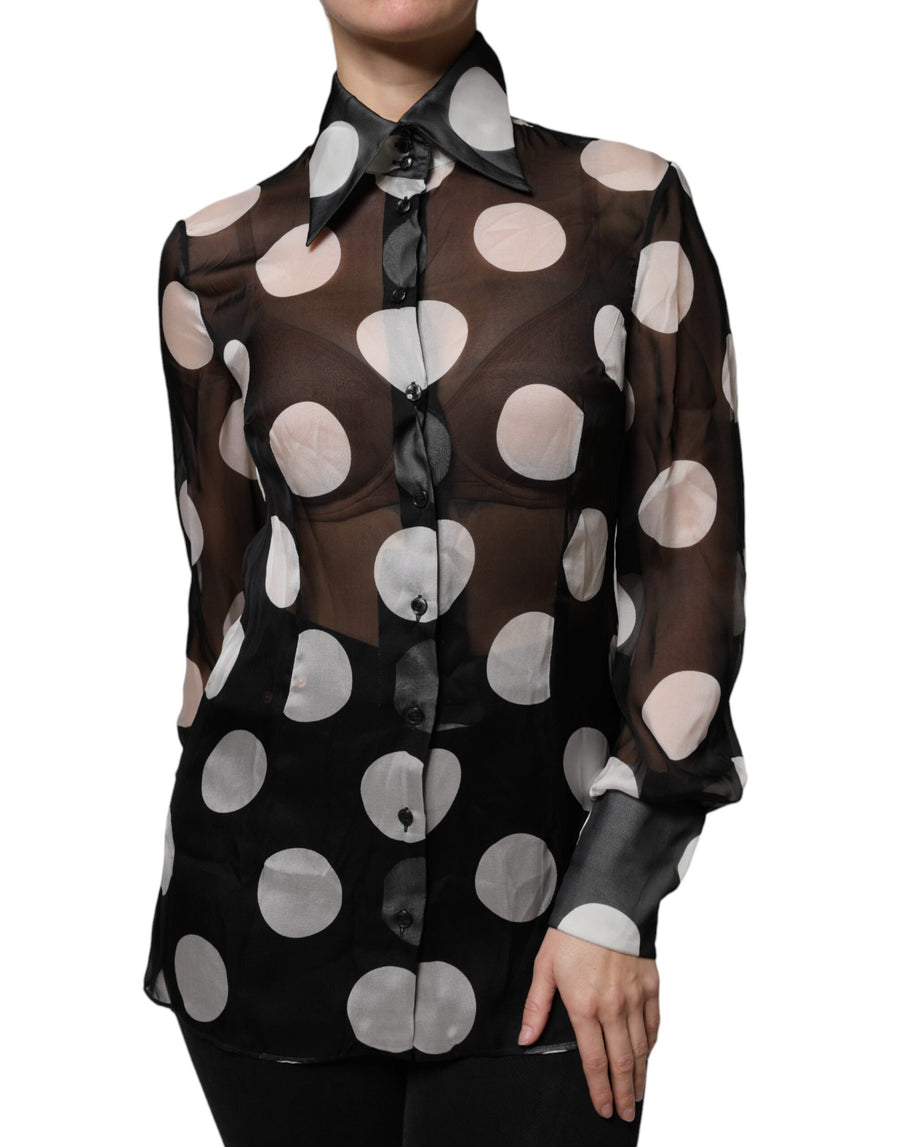 Dolce & Gabbana Black White Polka Dots Silk Long Sleeves Top