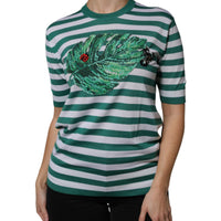 Dolce & Gabbana White Green Stripe Leaf Crew Neck T-shirt