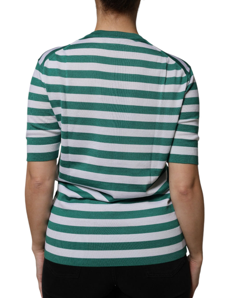 Dolce & Gabbana White Green Stripe Leaf Crew Neck T-shirt