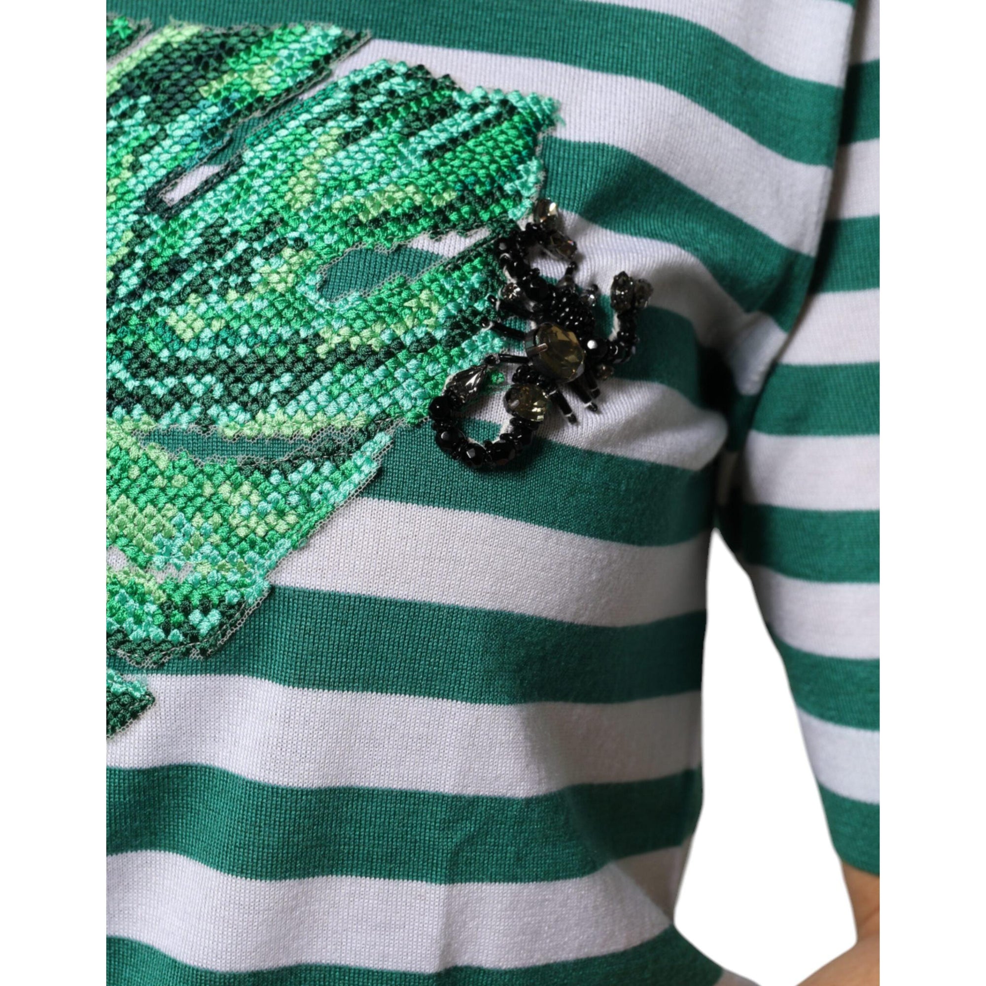 Dolce &amp; Gabbana White Green Stripe Leaf Crew Neck T-shirt