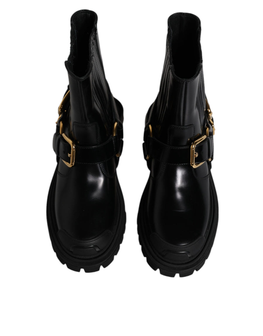 Dolce & Gabbana Black Leather Slip On Stretch Trekking Boots Shoes