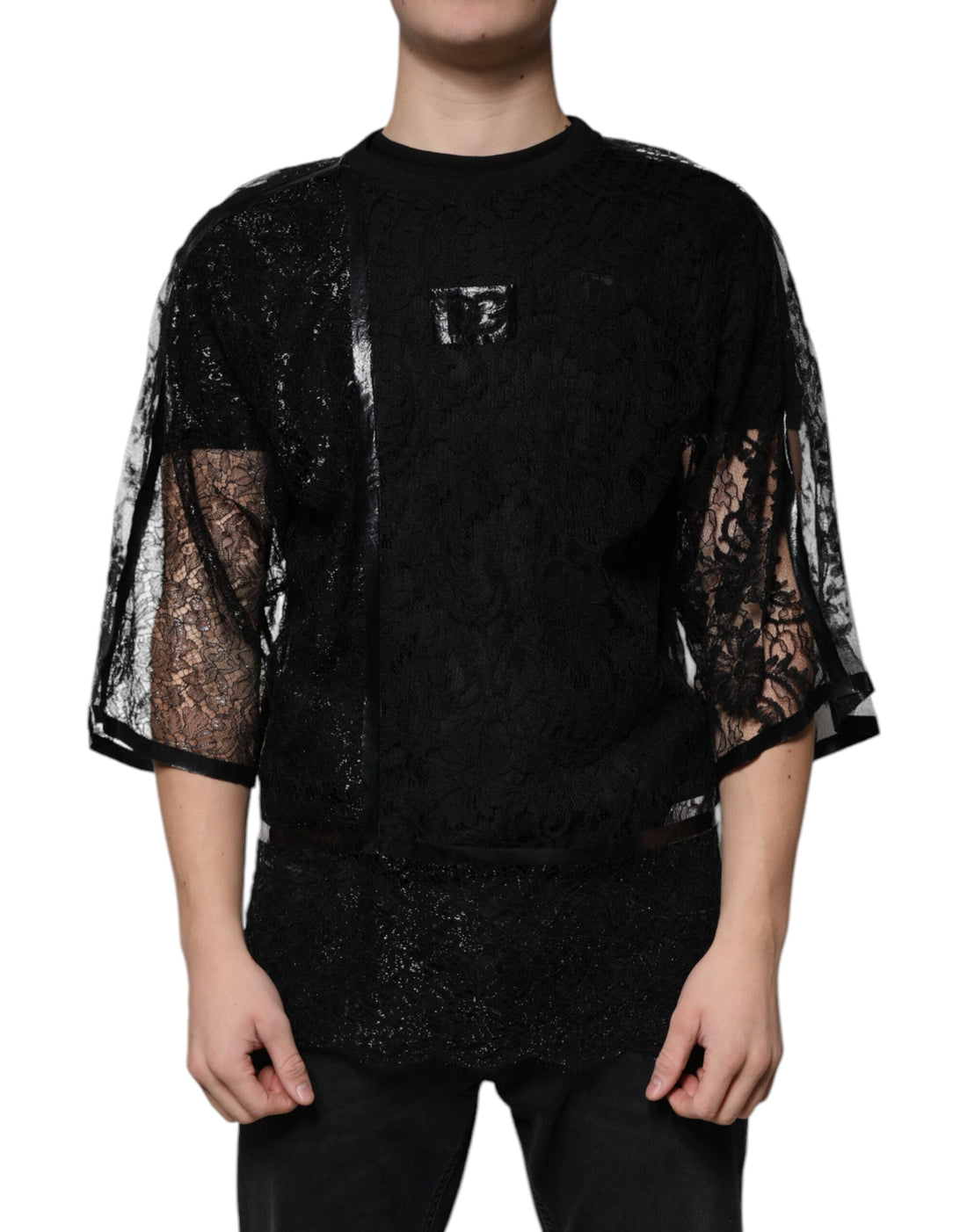 Dolce & Gabbana Black Nylon Floral Lace Crew Neck T-shirt