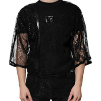 Dolce & Gabbana Black Nylon Floral Lace Crew Neck T-shirt