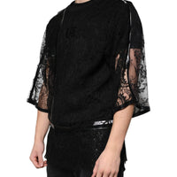 Dolce & Gabbana Black Nylon Floral Lace Crew Neck T-shirt