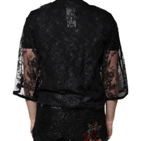 Dolce & Gabbana Black Nylon Floral Lace Crew Neck T-shirt