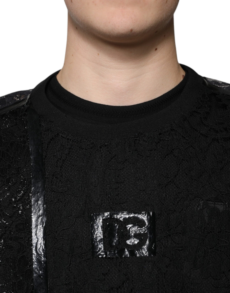 Dolce & Gabbana Black Nylon Floral Lace Crew Neck T-shirt