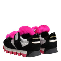 Dolce & Gabbana Black Pink Fur Embellished Sneakers Shoes