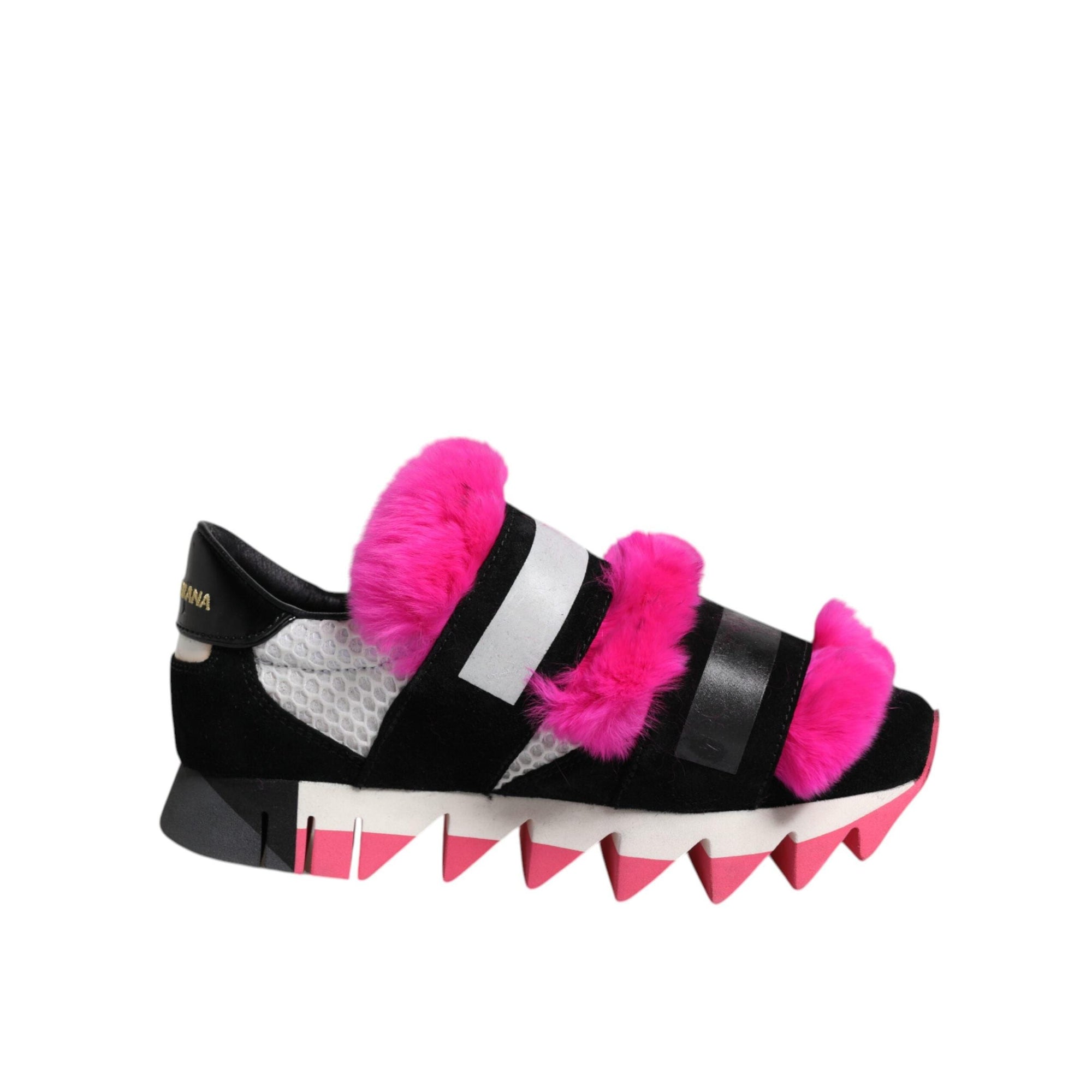 Dolce &amp; Gabbana Black Pink Fur Embellished Sneakers Shoes