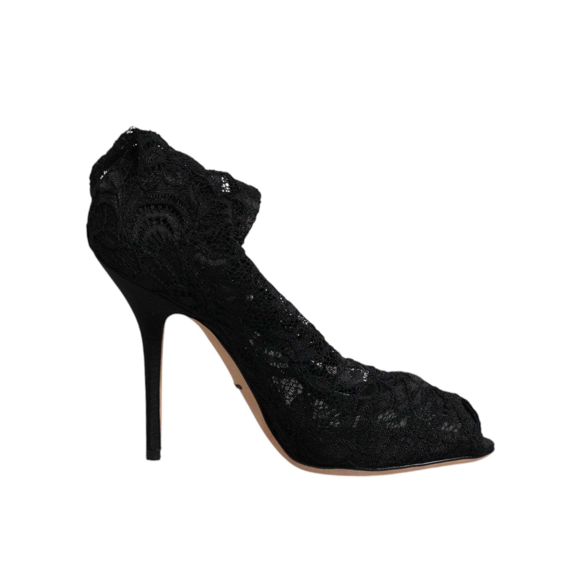 Dolce &amp; Gabbana Black Lace Stretch Heels Mid Calf Boots Shoes
