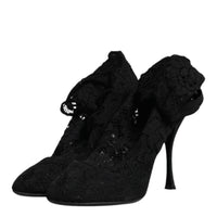 Dolce & Gabbana Black Lace Stretch Heels Mid Calf Boots Shoes