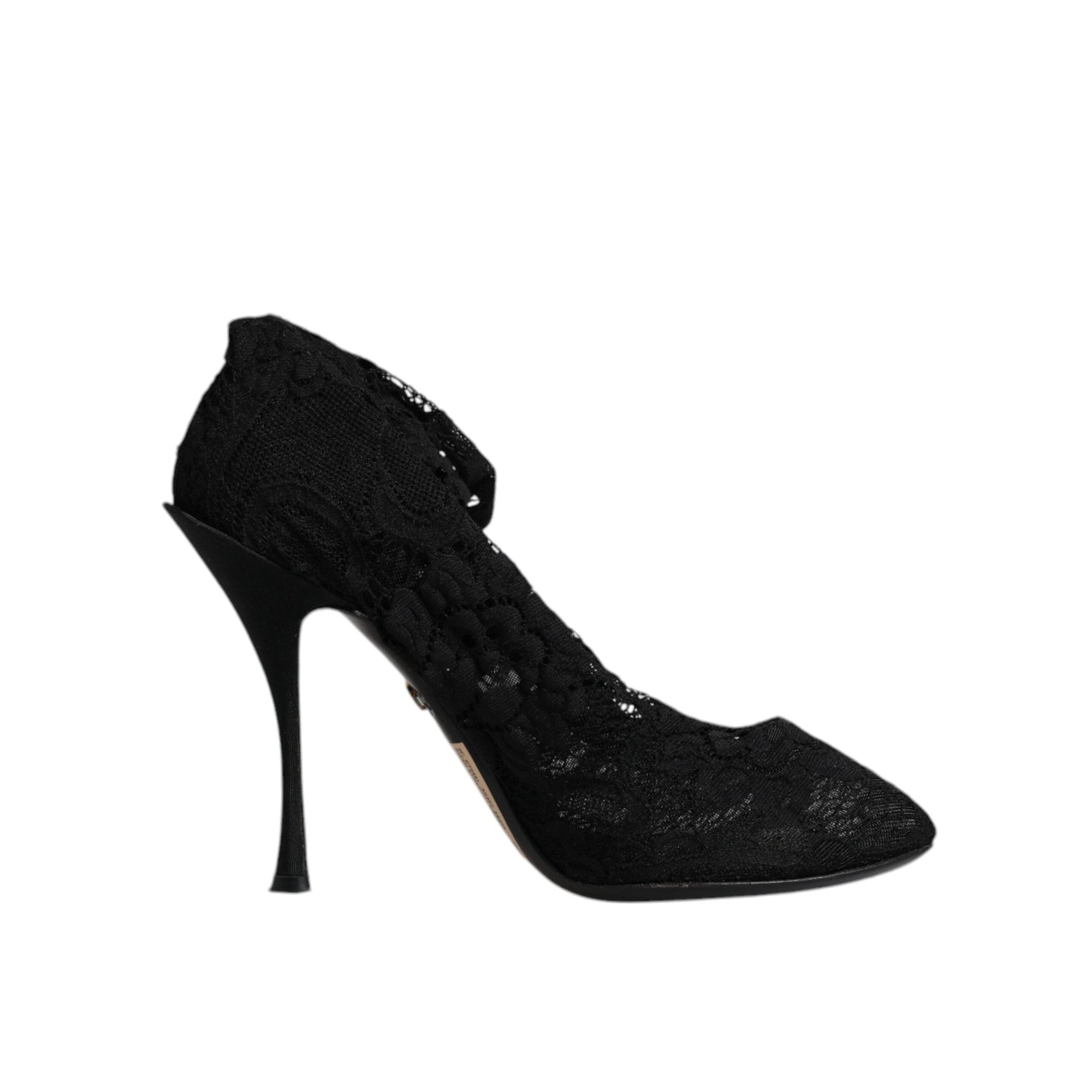Dolce &amp; Gabbana Black Lace Stretch Heels Mid Calf Boots Shoes