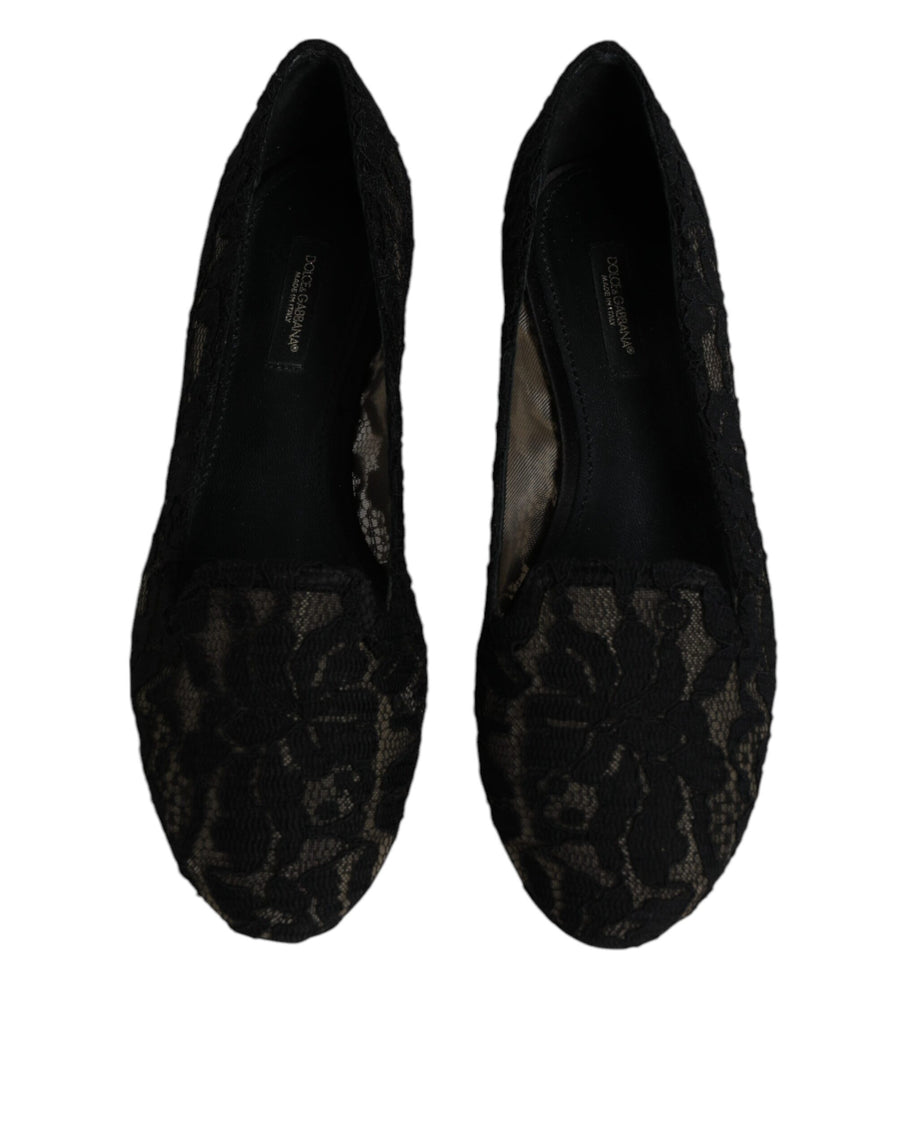 Dolce & Gabbana Black Taormina Lace Slip On Flats Shoes