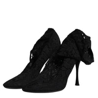 Dolce & Gabbana Black Lace Stretch Heels Mid Calf Boots Shoes