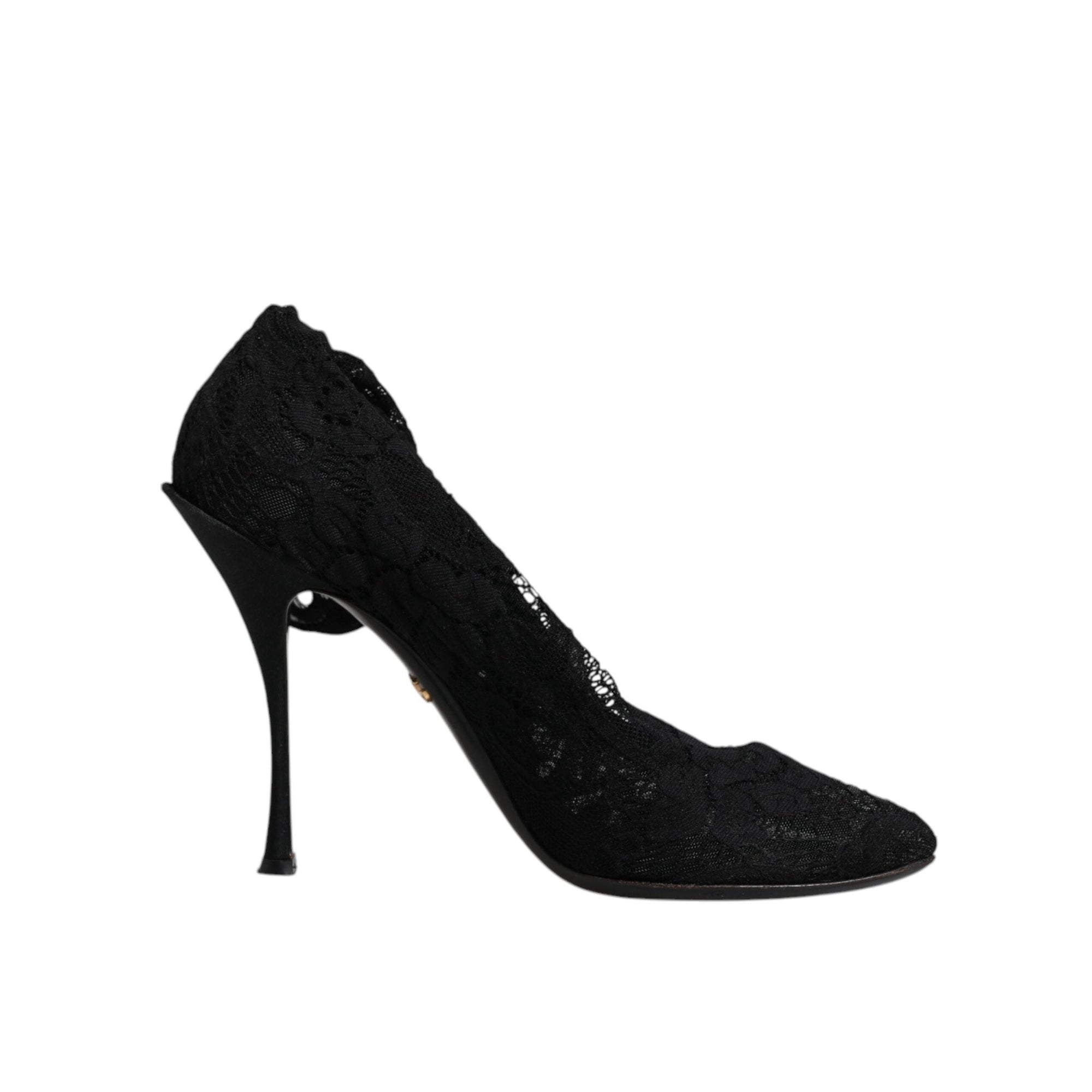 Dolce &amp; Gabbana Black Lace Stretch Heels Mid Calf Boots Shoes