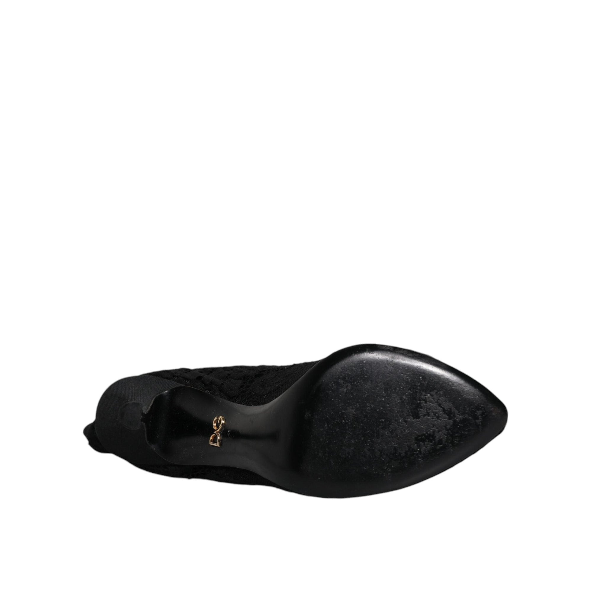 Dolce &amp; Gabbana Black Lace Stretch Heels Mid Calf Boots Shoes