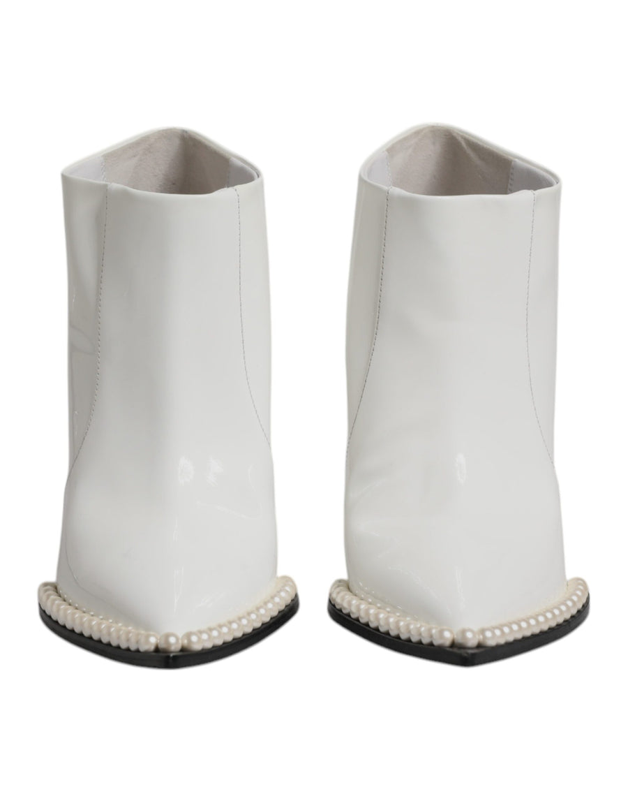 Dolce & Gabbana White Faux Pearl Leather Pointed Toe Ankle Boot Shoes