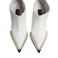 Dolce & Gabbana White Faux Pearl Leather Pointed Toe Ankle Boot Shoes