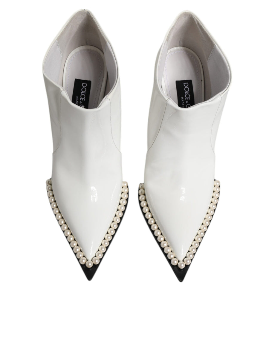 Dolce & Gabbana White Faux Pearl Leather Pointed Toe Ankle Boot Shoes