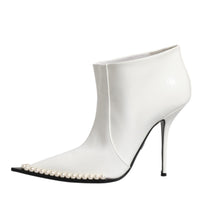 Dolce & Gabbana White Faux Pearl Leather Pointed Toe Ankle Boot Shoes