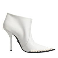 Dolce & Gabbana White Faux Pearl Leather Pointed Toe Ankle Boot Shoes