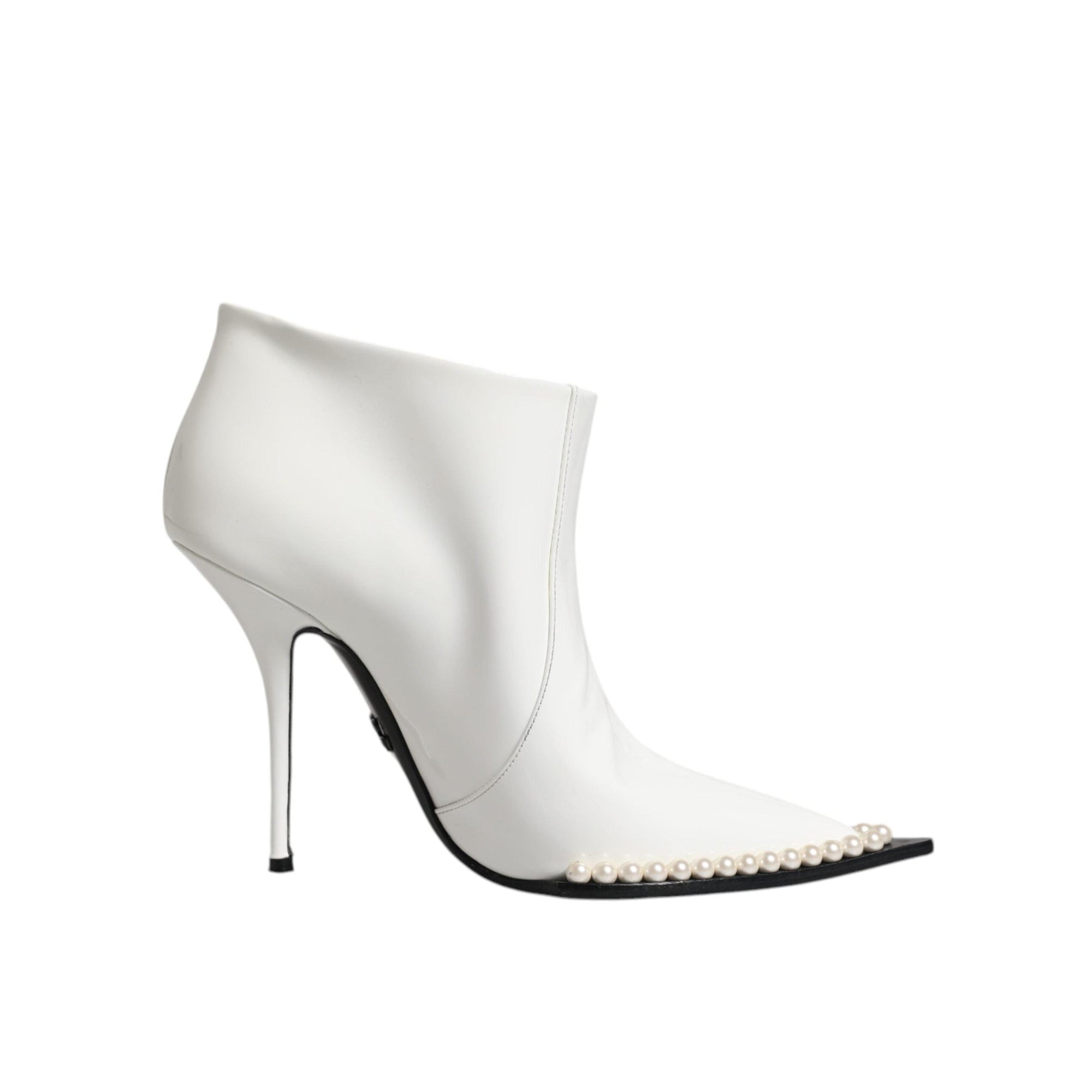 Dolce &amp; Gabbana White Faux Pearl Leather Pointed Toe Ankle Boot Shoes