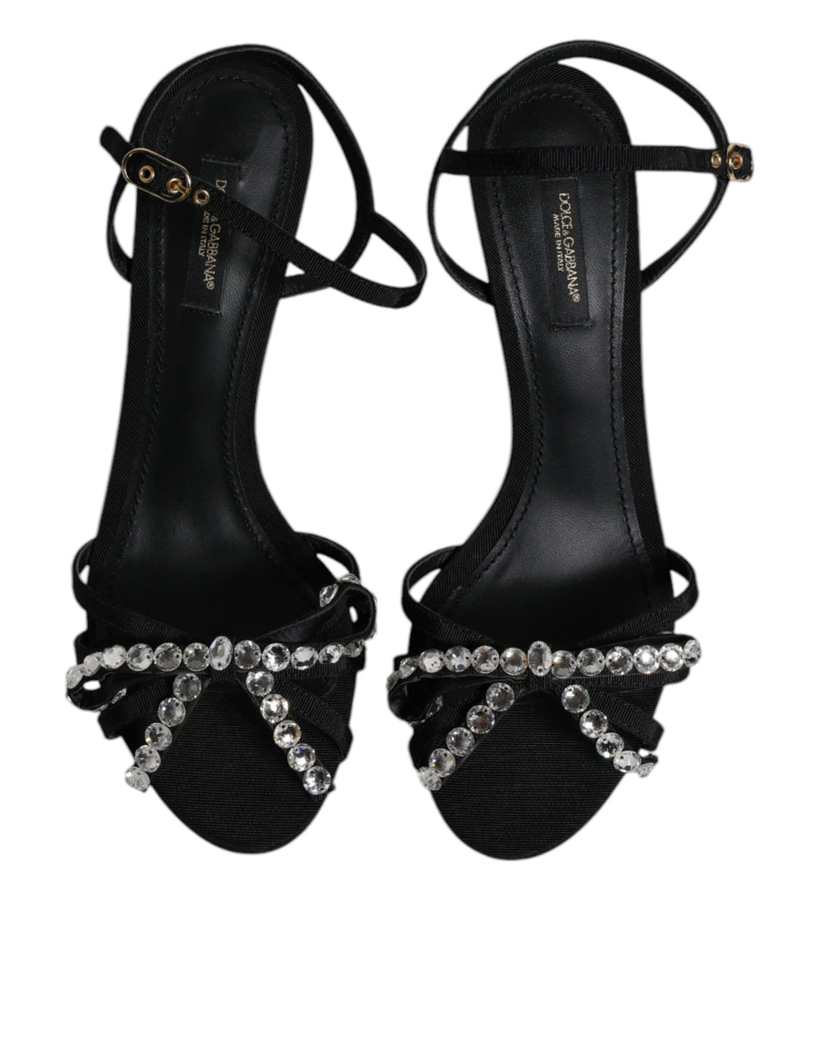 Dolce & Gabbana Black Leather Crystal Bow KEIRA Sandals Shoes