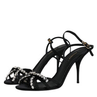 Dolce & Gabbana Black Leather Crystal Bow KEIRA Sandals Shoes