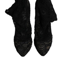 Dolce & Gabbana Black Lace Stretch Heels Mid Calf Boots Shoes